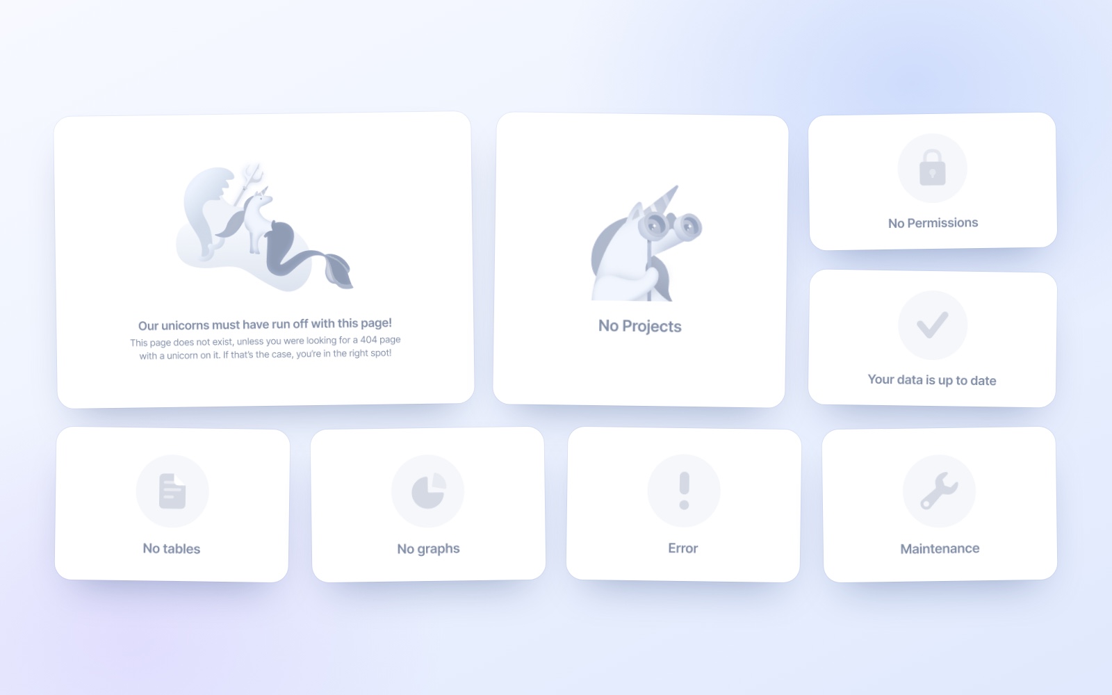 A set of hand-drawn Splash empty state illustrations on tilted cards: No tables, No graphs, Error, Maintenance, No Permissions, Your data is up to date, a No Projects card with a unicorn looking through binoculars, and a large 404 card with unicorns and the line Our unicorns must have run off with this page!