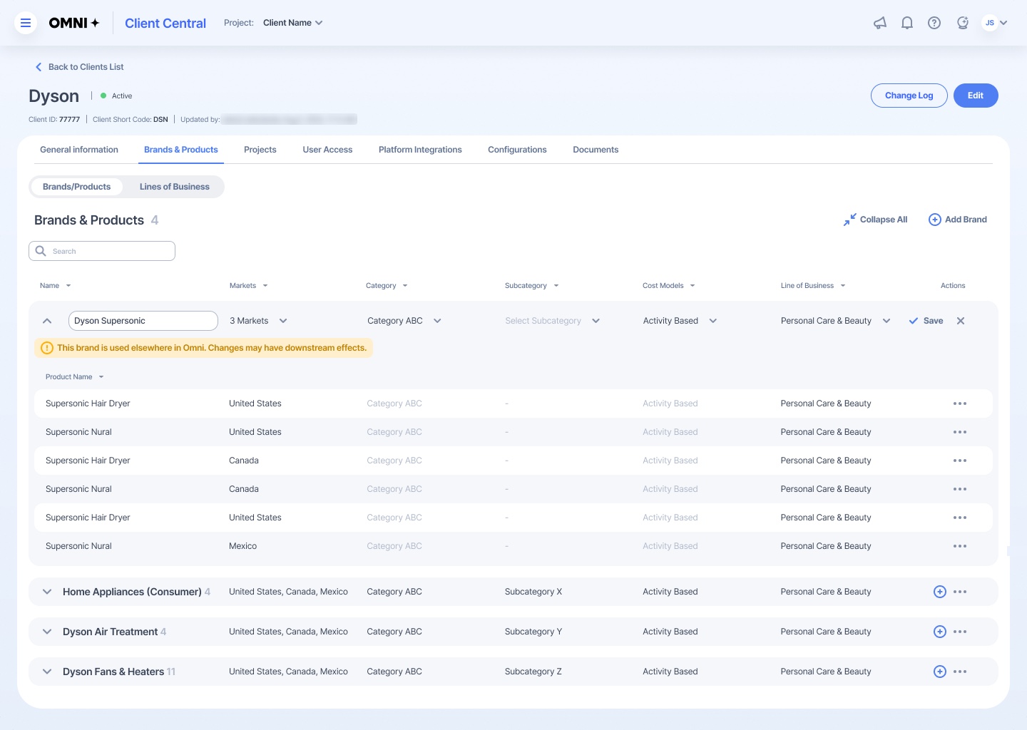 The Omni+ Client Central screen for a client: tabs for General information, Brands & Products and more, with an expandable brands table showing products by market, category, cost model and line of business, plus an inline warning that a brand is used elsewhere